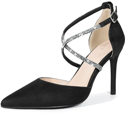 Perphy Pointed Toe Rhinestone Crisscross Court Shoes Stiletto Heel Pumps for Women Black 7 UK/Label Size 9 US