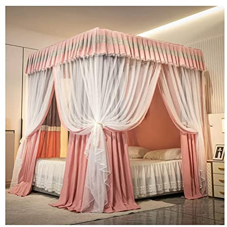 RDWQDGJG Sängdraperi dubbelsäng deluxe säng baldakinnät, s prinsessrum enkel dubbelsäng romantiskt dekorerad sänggardin, med fäste (färg: Rosa-1, storlek: 180 x 220 cm)