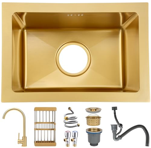 Evier Cuisine 1 Bac 38 x 26 cm,Evier Inox Or évier cuisine mit Siphon,Drain and overflow fittings, lavabo cuisine adapté à Sous Plan, Poser ou Encastrée