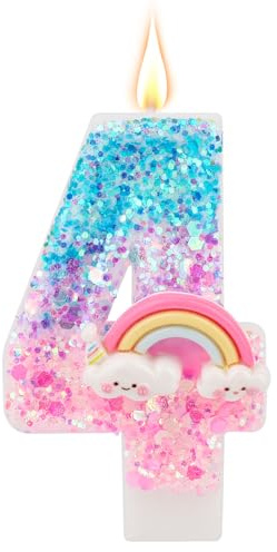 Vela de Cumpleaños con Número Arcoíris, Velas Macarrones Brillantes y Coloridas para Pastel Cumpleaños Suministros para Fiestas Temáticas de Dibujos Animados (Número 4)