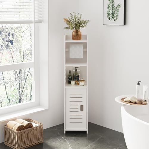 Dripex 5 Tier Bathroom Floor Cabinet with Toilet Paper Holder, Slim White Storage Cabinet with Door, Narrow Free Standing Cupboards Adjustable Shelves for Bathroom, Bedroom or Balcony (Door Style 1)