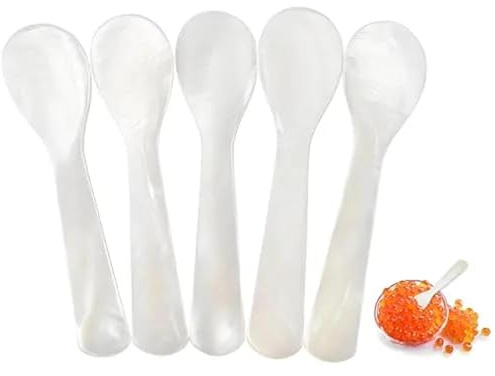 LLMSIX 5pcs Caviar Spoons, Mother of Pearl Spoon with Hand Craft Round Handle, Pearl Spoon for Caviar Egg Ice Cream Coffee Shell Spoons