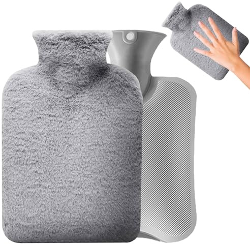  Bolsa Agua Caliente, Bolsa De Agua Caliente Con Funda, 2L Bolsa De Agua Caliente Peluche, para Aliviar el Dolor de Cuello,Hombros,Espalda,Cintura,Dolor Menstrual,Gris