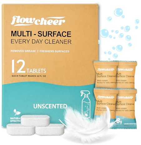 Flowcheer Free & Clear påfyllningstabletter för allrengöring – Icke-toxiska rengöringstabletter för flera ytor (12-pack) ger 6 L sprayrengöringsmedel för hem och kök – Oparfymerad