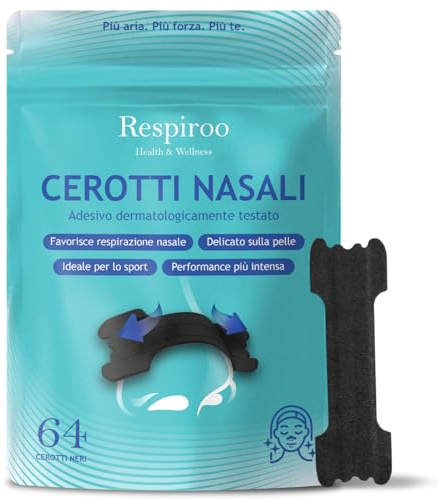 RESPIROO 64 Cerotti Nasali Neri di Qualità Superiore e Tenuta Extra - Sport e Anti Russamento | Cerottini per Respirare Meglio e Non Russare - Nasal Strips Uomo Donna, Tape Sportivo Dilatatore Nasale