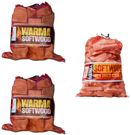 25L Nets of Softwood, 27L Nets Hardwood Logs & 4kg Kindling Nets Firewood - Warma Kiln Dried Wood - For Outdoor Open Fire Pits Wood Burners Coal Stoves Log Burners - 2 x Softwood & 1 x Kindling Nets