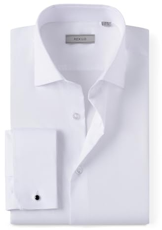 REXIUD Men’s Stretch Dress Shirt – Windsor Collar French Cuffs Formal Long Sleeve Shirt with Removable Collar Stays, Solid Color (UK, Neck & Sleeve, 16.5, 32, 33, Regular, Regular, White)