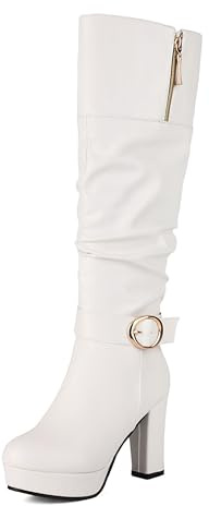 Lroey Reoly Donna Tacco Alto a Blocco Stivali Alti con Plateau Punta Rotonda Slouch Cx890 Bianco Numero 32 EU