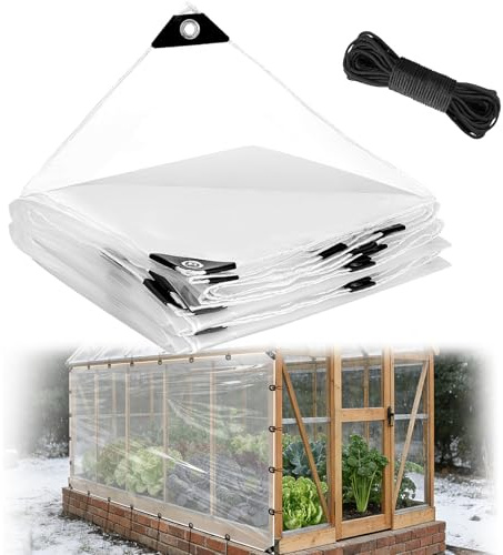 8x12ft Anti-Tear Clear Tarp Waterproof for Small Green House - 5 mil Anti-UV Windproof Greenhouse Plastic Cover Replacement with Grommets & Rope