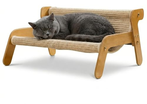 Amaca Gatti e Tiragraffi 2 in 1 in Legno e Sisal Naturale Rilassante – Divano e Lettino per Gatti Sospeso, Robusto e Antigraffio – Lettino Design 54x44cm - Montaggio Facile