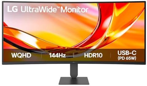 LG UltraWide Curved PC Monitor 34U640B-B, 34 inch, 1440p VA, 144Hz, 5ms GtG, HDR10, FreeSync Premium, HAS display, Reader Mode & Flicker Safe,USB-C, DP 1.4, HDMI, Black