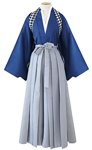 Resnan Japanese Samurai Kimono, Martial Arts Costume Sportswear Hakama Aikido Kendo Uniform, Pants Traditional Kimono (Blue, Extra Large)