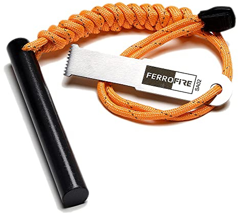 FERROFIRE FS124 Heavy-Duty Fire Starter - 1/2 Inch Thick x 4 Inch Long Ferrocerium Rod with Magnesium, Carbon Alloy Steel Striker & 550 Paracord Handle for Survival, Camping, Emergency Kits