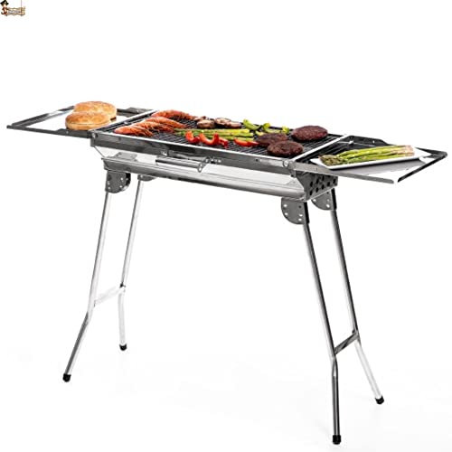 BricoLoco.com Barbacoa acero inoxidable para carbón. Plegable y portátil. Parrilla extraíble. Cajón con capacidad hasta 2 kgs. de carbón. Bandejas laterales como mesa auxiliar o paravientos