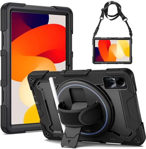 Gerutek Case for Xiaomi Redmi Pad SE 11 Inch 2023, Shockproof Rugged Case with 360 Rotating Stand, Hand Strap and Shoulder Strap, Protective Case for Redmi Pad SE 11, Black