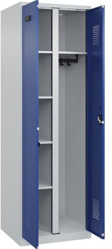 kaiserkraft FRANKEL Vestiaire pour Produits de Nettoyage Evolo Plus | 1 Compartiment | cloison médiane Centrale | Gris Clair/Bleu Gentiane | l 600 mm | avec Patins | Serrure à Cylindre
