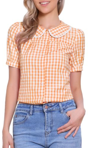 Allegra K Women's Gingham Tops Button Down Peter Pan Collar Plaid Shirts