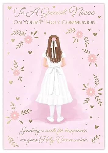 Poppy Hill First Holy Communion Card for Niece, Pink Floral Design, 13 x 19 cm