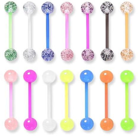 WUSJCOF Lot de 14 piercings de langue en chirurgical, bijoux de piercing langue personnalisés, percing a la langue colorés avec paillettes, piercings boule.