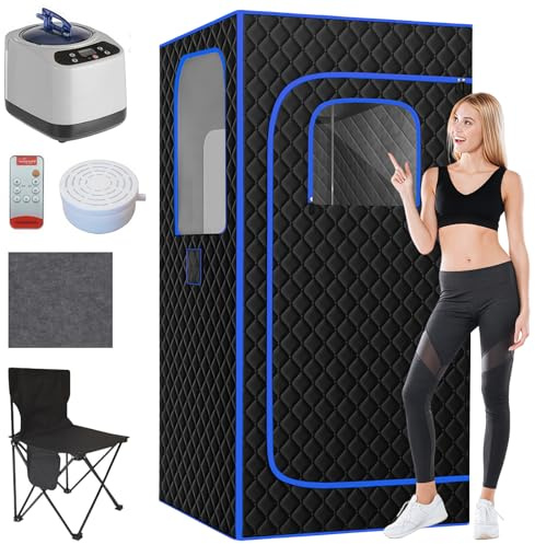 TAZZOR Tente de Sauna Portable avec Générateur de Vapeur 3 L Sauna à Vapeur pour Maison - 9 Niveaux de Température Sauna Mobile avec Chaise Pliante Télécommande Tapis, 90 x 90 x 180 cm