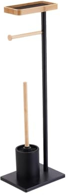BM Portarotolo da Bagno con Scopino e Mensola in Metallo – Piantana WC 3 in 1 Nera Opaca, design moderno, supporto carta igienica con vassoio superiore, base stabile antiscivolo (Metallo e Bambù)