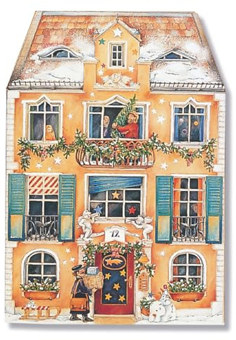 Adventskalender Im Weihnachtshaus: Ein Haus zum Aufklappen (42 x 59 cm), beidseitig bedruckt: außen die Hausfassade (m. Silberglimmer), innen die Zimmer m. Türchen