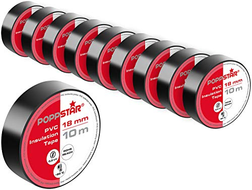 POPPSTAR PVC ruban isolant 10m (18mm de large, 0,18mm d'épaisseur), noir, 10 rouleaux