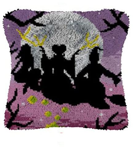 Halloween Witch Latch Hook Cushion Kits 43x43cm, DIY Throw Pillow Case Making Kit, Complete Cushion Making Craft Kits with Yarn & Canvas and Crochet Needle, Adults Kids Craft Kits Home Decor