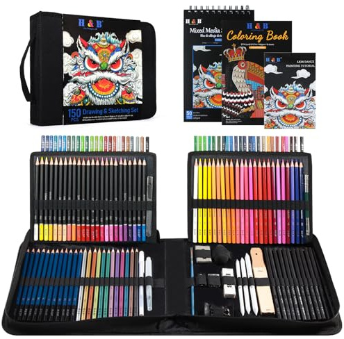 H & B 150 Colouring Pencils Set with Portable Zipper Bag Sketchpad Drawing & Art Supplies Kit Professional Colored Sketching Pencils Coloured Pencils for Artists Kids Adults