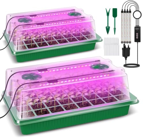 Verdenu Zimmergewächshaus Anzuchtkasten mit Licht Wachsen, 2 Stück Keimschale Gewächshaus mit Humidity Dome, Einstellbare Helligkeit Anzucht Gewächshaus, 3 Modi, 4 Timing, Anzuchtset für Indoor