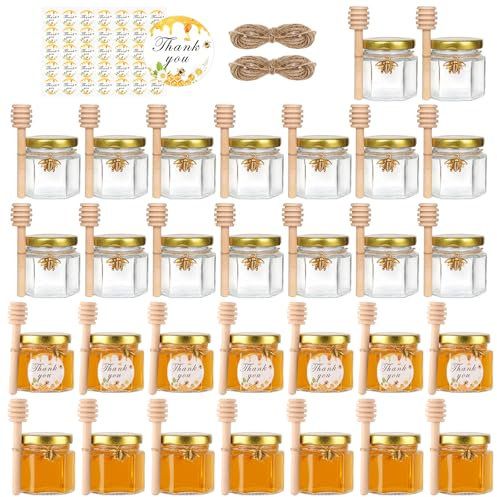 BIGIVACA 2 oz 30 Pack Mini Glass Honey Jars with Wood Dippers & Gold Lids