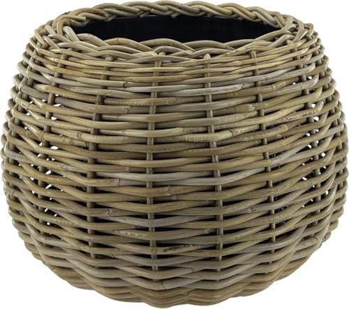Rattan Drypot Kugel - ø 45 x 34 cm - Runder Pflanztopf - Nachhaltiger Pflanztopf mit recyceltem wasserdichtem Kunststoff-Innenbehälter - Blumentöpfe für Innen - Pflanzenkörbe - Pflanzenhalter - Grau