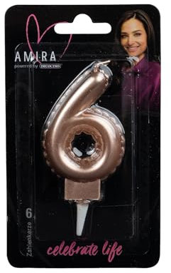 DECOCINO meets AMIRA - Zahlenkerze Rosegold No. 6 - elegante Party Deko für Geburtstage, Partys oder ein Jubiläum, ideal für Kuchen, Torten oder Muffins, 7cm hoch