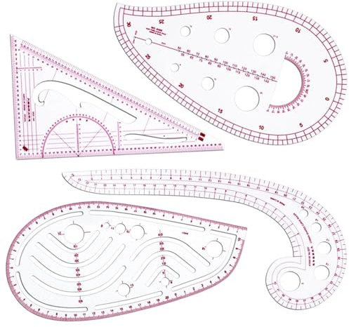 4-Piece Sewing Ruler Set – French Curve, Pattern Making, Tailoring Rulers for Dressmaking & Crafting, Clear Durable Plastic Templates