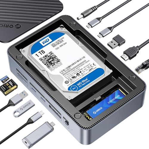 ORICO Estación de acoplamiento USB-C 12 en 1 con doble gabinete SSD – Soporta M.2 NVMe/SATA y unidades SATA de 2,5/3,5 hasta 26TB, 10Gbps USB, 4K HDMI@60Hz D35M2-V1