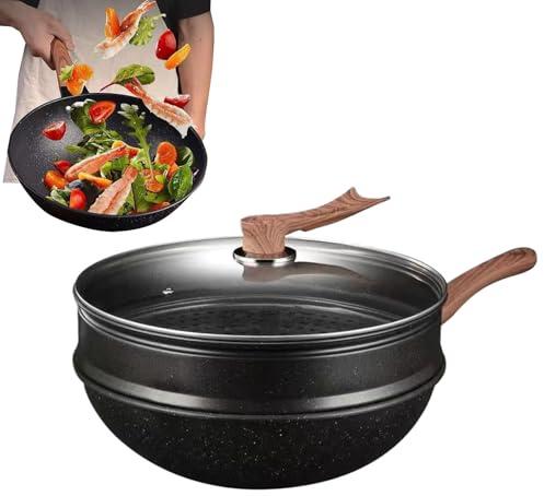 Non-stick wokar - 30 cm djup panna | Hållbar kokkärl | Kökstillbehör med lock | Restaurang Hemutrustning | Pannkaka ångande stuvningsverktyg, fiskstekande kokande verktyg, kulinar