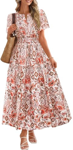 MEROKEETY Women's Spring Summer Floral Maxi Dresses 2026 Casual Beach Vacation Boho V Neck Short Sleeve Midi Dress Pockets, Brown, Medium