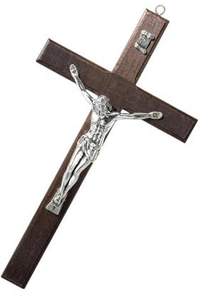 AJKQNMA 20.2x11.5CM Kruzifix Kreuz Wandbehang Holzkreuz Wanddekoration Platin Holzkreuz Mit Legierung Jesus Christus Katholische Wandkunst Kreuz Für Kirche Zuhause Dekor