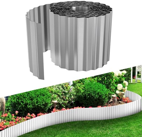 TATIVALO Vågig gräskant metall, 10 m, höjd 15 cm, galvaniserad rabattinfattning, flexibel, rabattkant, klippkant, rotbarriär, gräsmatta, gräns, trädgårdspalisad för trädgård och väg, silver