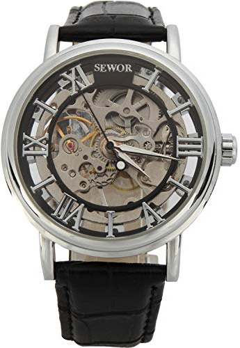 SEWOR orologio scheletrato da uomo in stile vintage a carica manuale meccanico con cinturino in pelle marrone (Nero2)