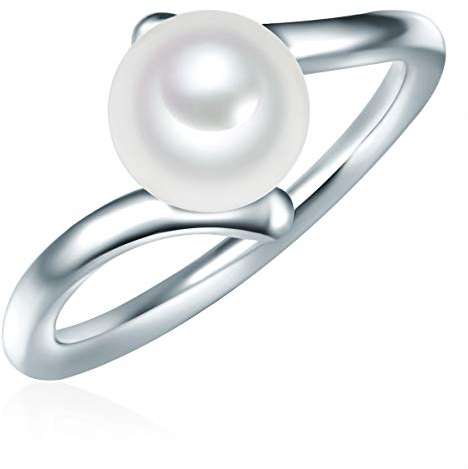 Valero Pearls Damen-Ring Welle Sterling Silber 925 Süßwasser-Zuchtperlen Button 8 mm weiß - Modern-Ring für Frauen Perlenring Süßwasser-Perle