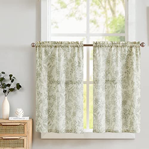 TOPICK Leinen Scheibengardinen Blumen Küchengardinen Landhausstil Modern Gardinen Vorhänge Kurz Bistrogardine für Frühling Wohnzimmer Badezimmer Fenster Kurzstores 2er-Set Grün auf Beige 65B x 90H(cm)