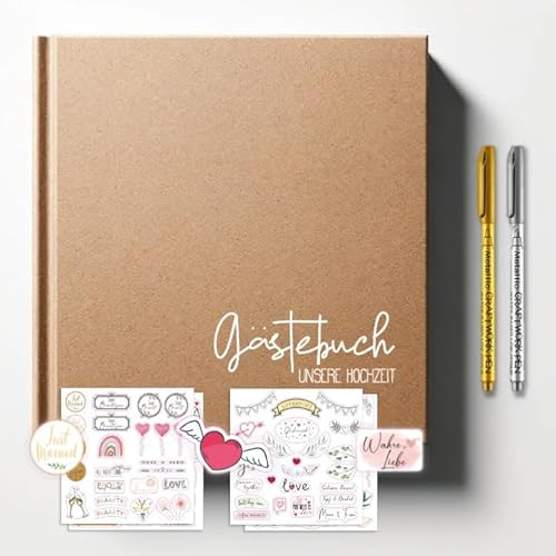 CAVOADO Gästebuch Hochzeit mit Gratis Sticker + Metallic Stifte 120 Seiten Hochzeitsgästebuch Eukalyptus Vintage Wedding Guestbook Hochzeitsdeko Brautpaar Braun
