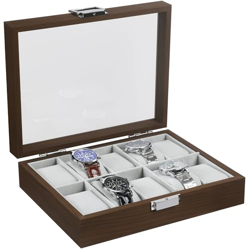 TRIXES Scatola per orologi in legno a 10 scomparti, organizer per orologi in legno con finestra in vetro, scatola con cuscini rimovibili
