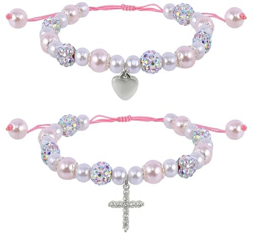 2Pcs Pearl and Rhinestone First Communion Bracelets, Heart Cross Rosary Bead Bracelets, Holy Baptism Gift Charm Bracelets, First Communion Confirmation Pearl Gift for Girls Baby's Christening