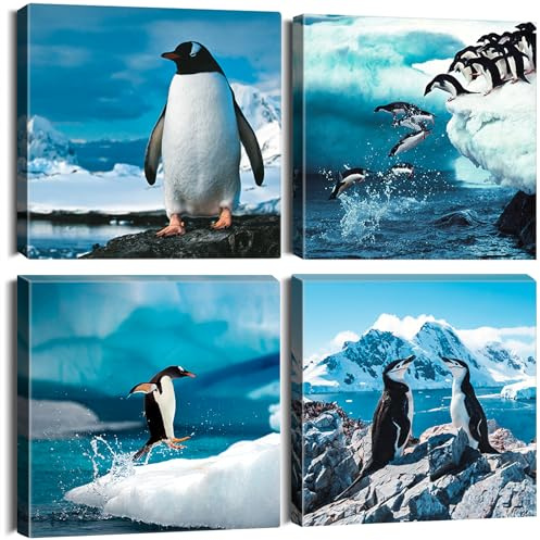 Artscope 4 Pieces Wall Art Canvas Prints - Penguin Picture Painting- Modern Wall Artwork Framed for Bathroom Home Office Decor - 30 x 30 CM