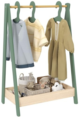 AIYAPLAY Perchero de ropa para niños, barra de vestir para niños con 3 perchas, estante inferior de almacenamiento, regalo para niñas, niños, guardería, dormitorio, color verde