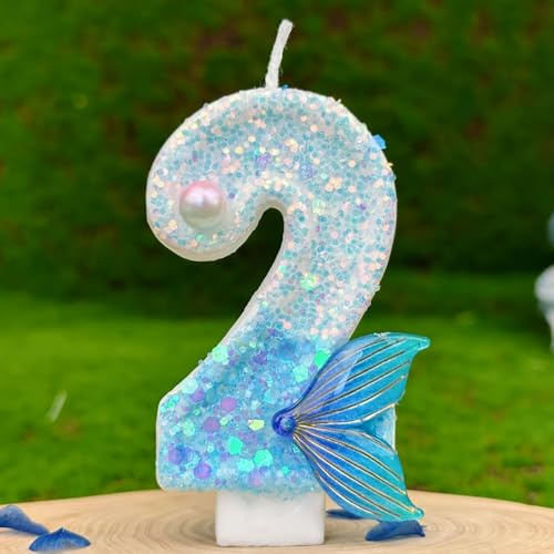 Candele Numeriche a Tema Sirena,Candele di Compleanno con Numeri 2 Candele per Cupcake Blu Metallizzato e Argento Topper per Torte di Compleanno & Cupcake (Adulti/Bambini)