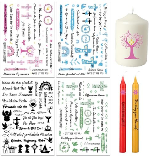4 Blatt Kerzen Tattoo Folie, Wasserschiebefolie Kerzen Dekoration, Kerzentattoos Kommunion, Kerzentattoos Konfirmation Aufkleber, Kommunion Konfirmation Kerzenfolie Taufe Firmung