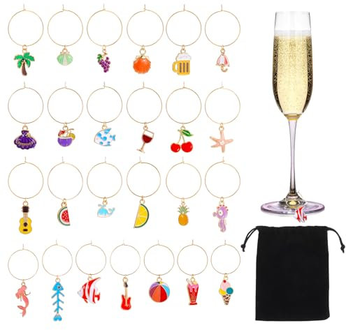 Lnngub 25 Stück Weinglas Anhänger, Sommer Ozean Thema Glasmarkierer Wiederverwendbare Bunter Weinglas Anhänger aus Legierung mit Aufbewahrungstasche für Weinglasmarker Getränkemarker Partydekorationen